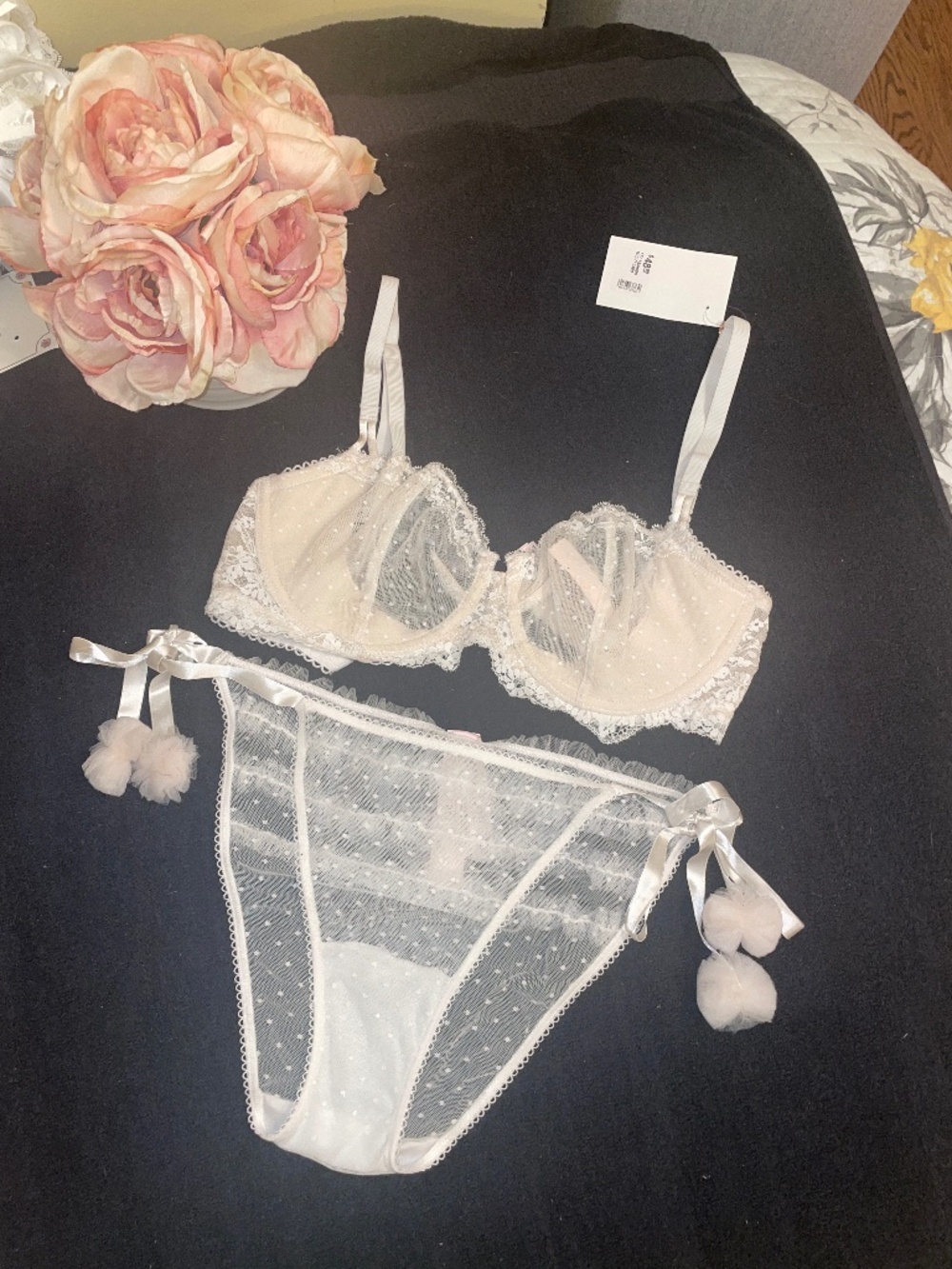 Victorias Secret Bridal Dotted Mesh Bra & Adjustable Tie Cheeky Set-34DD/XL NWT